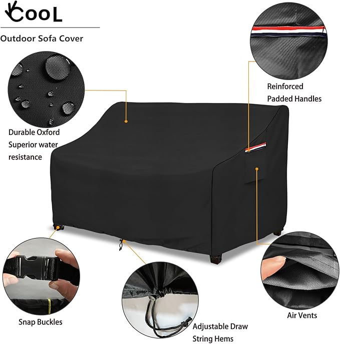 okcool Heavy Duty Patio Sofa Cover, 100% Waterproof 3-Seater Outdoor Sofa Cover Fits up to 79W x 38D x 35H Inches, Lawn Patio Furniture Covers,Black