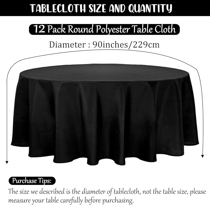 Round Tablecloths 12 Pack Black Polyester 90 Inch Covers