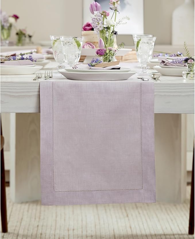 Solino Home Linen Table Runner 60 Inches - 100% Pure Linen Lilac Hemstitch Table Runner 14 x 60 Inch Ideal for Dresser and Coffee Tables - Classic Hemstitch