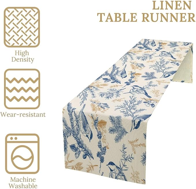 Chinoiserie Flowers Table Runner, Seasonal Spring Fall Plants Blue Florals Birds Dinner Runner for Home Kitchen Dining Table Party Holiday Decoration 13"x90"