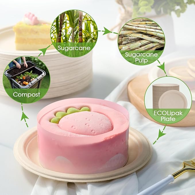 Disposable Paper Plates, 6 Inch Round Sugarcane, 500 Count