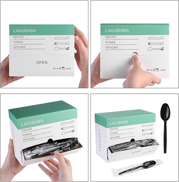 Disposable Plastic Spoons, 7-Inch Black, 100 Individually Packaged