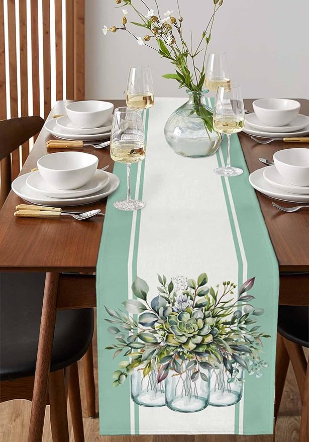 Eucalyptus Cotton Linen Table Runner for Dining Kitchen, Wedding Outdoor Party Tablerunners Decoration, Green Leaves Botanical Plants Watercolor Dresser Scarf Coffee Tablecloth Runners 13x120 Inches