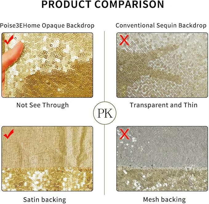 Poise3EHome 6Ft x 8Ft Gold Sequin Backdrop, Glitter Thick Satin Background Drapes, Sparkly Opaque Photography Curtain, Sequence Xmas Thanksgiving Backdrop for Wedding Party Holiday Festival Decor