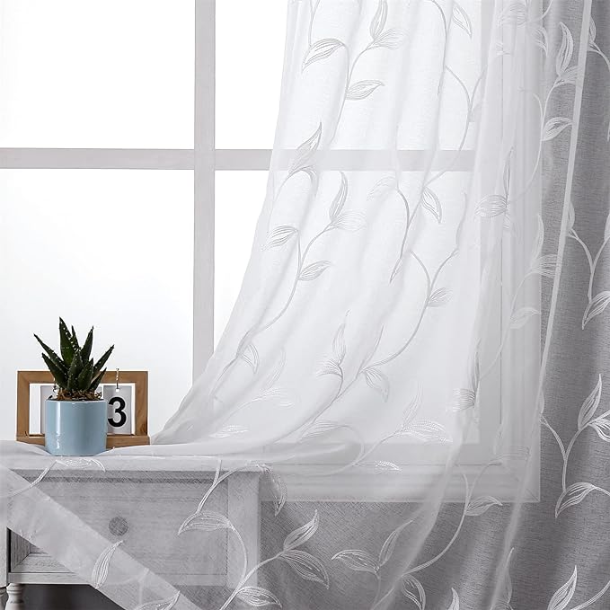 VISIONTEX White Sheer Voile Curtains, Decorative White Embroidery Faux Linen Rod Pocket Window Drapes for Home Kitchen, Living Room and Bedroom 54 x 63 Inch, Set of 2 Curtain Panels