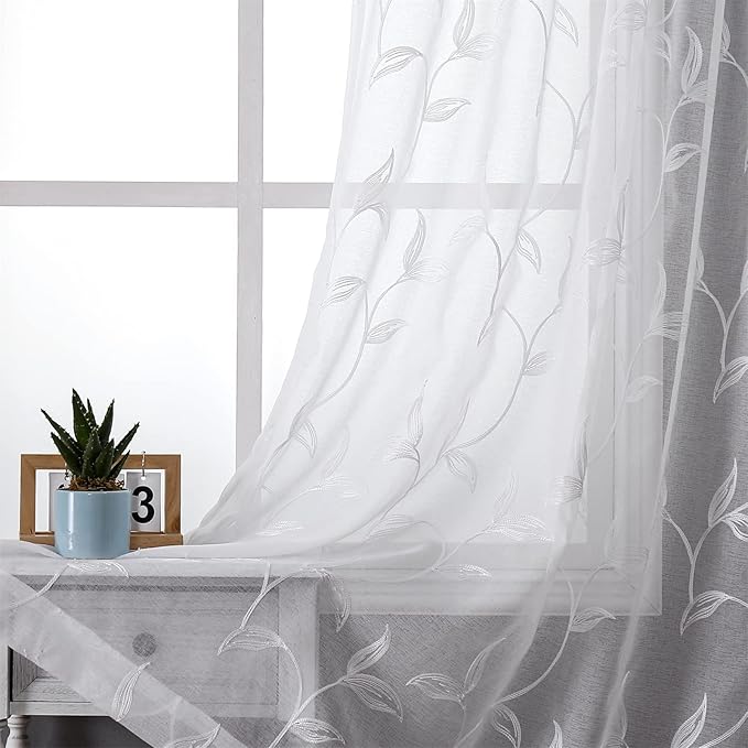 VISIONTEX White Sheer Voile Curtains, Decorative White Embroidery Faux Linen Rod Pocket Window Drapes for Home Kitchen, Living Room and Bedroom 54 x 84 Inch, Set of 2 Curtain Panels