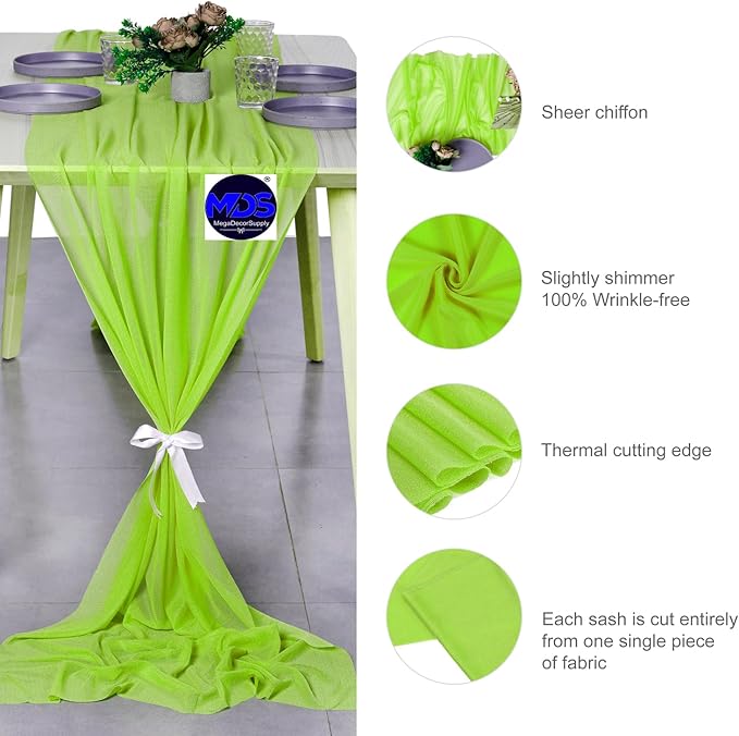 MDS Halloween Chiffon Table Runner - 10 Pack, 29 x 170 Inches, 14ft Each - Sheer Spooky Table Runners for Haunted House Parties, Trick-or-Treat Tables, Witchy Décor, Wedding & Events - Parrot Green