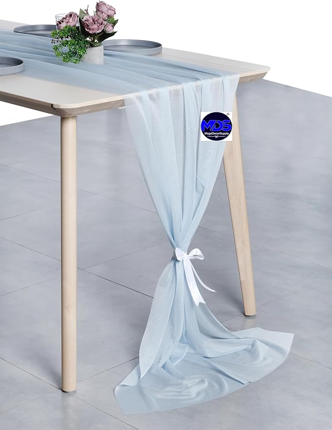MDS 2 Pack 10ft Chiffon Table Runner 29 x 120 Inches Sheer Wedding Runner Romantic Rustic Table Runner for Wedding Decorations, Birthday Parties, Bridal Shower Party Arch Decor - Baby Blue