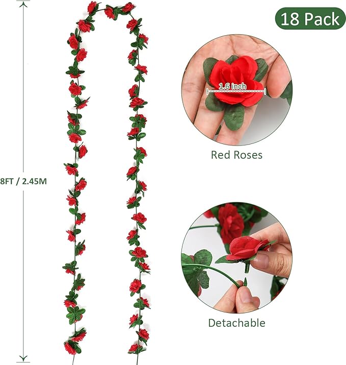 KHOYIME 18 Pack 144 FT Artificial Flower Garland, Fake Red Roses Vines Silk Flowers Faux Plastic Outdoor Hanging Floral Ivy Garland Decoration for Wedding Arch Bedroom Home Wall Backdrop Room Decor