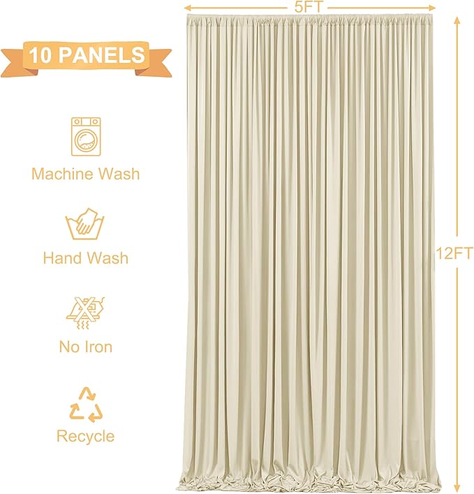 Backdrop Curtain Panels in Beige, Set of 10, 5 x 12 ft Wrinkle-Free