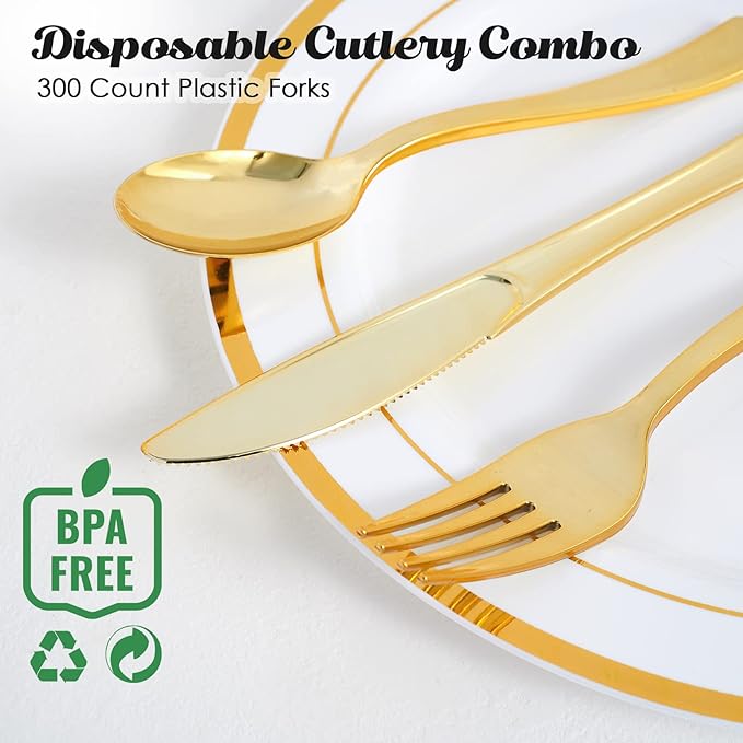 Disposable Plastic Forks, 300 Count Gold Heavy-Duty, 7.4 Inch