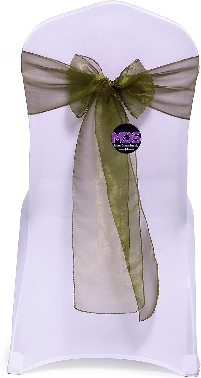 MDS Pack of 100 PCS Organza Chair Sashes Wider Dining Chair Bows Ribbon Tie Back for Wedding Party Birthday Bridal Shower Reception Event Banquet Home Chair Cover Decoration - Olive Green