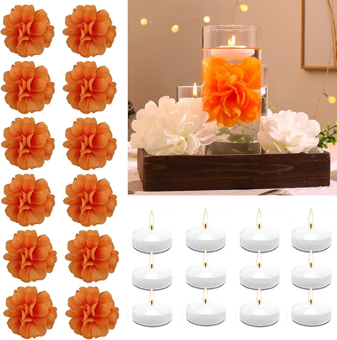 Vase Fillers Set: 12 White Floating Candles and 12 Artificial Flowers