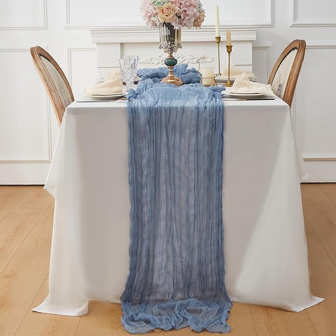 Dusty Blue 1 Pack Cheesecloth Table Runner 120 Inch 10 FT Boho Rustic Gauze for Wedding Baby Shower Party Farmhouse Summer Home Decor Washable