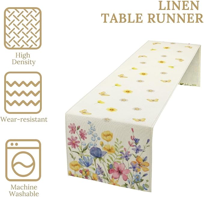 Flower Table Runner, Colorful Watercolor Pink Flower Plants Nature Butterfly Table Runner for Kitchen Dinner Living Room Home Party, 13x90 Inch