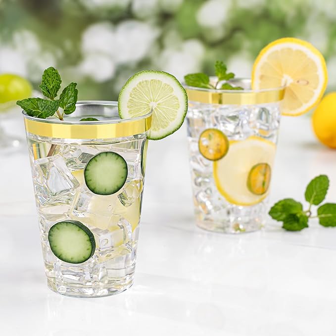 Disposable Plastic Party Cups, 12 oz Clear with Gold Rim, 100 Count
