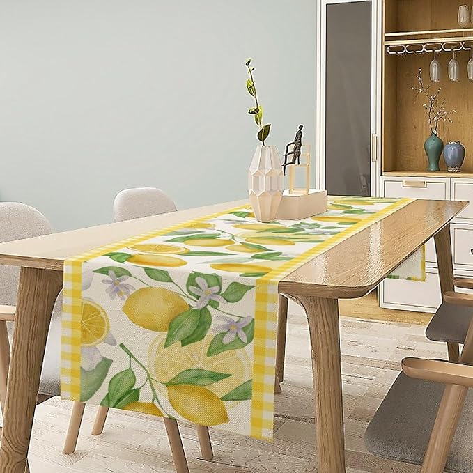 Lemon Table Runner,Yellow White Buffalo Plaid Summer Table Runner for Kitchen Dining Table Home Party Decoration 13x72 Inch