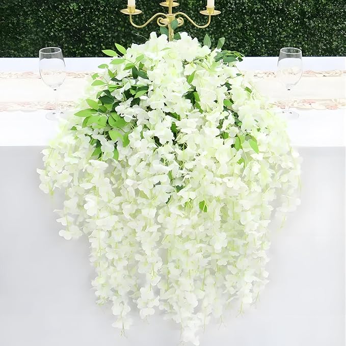 5 Pack Green White Wisteria Hanging Flowers, 3.44 Ft Fake Hanging Flowers, Artificial Wisteria Garland Vines for Wedding Room Backdrop Outdoor Patio Garden Decoration