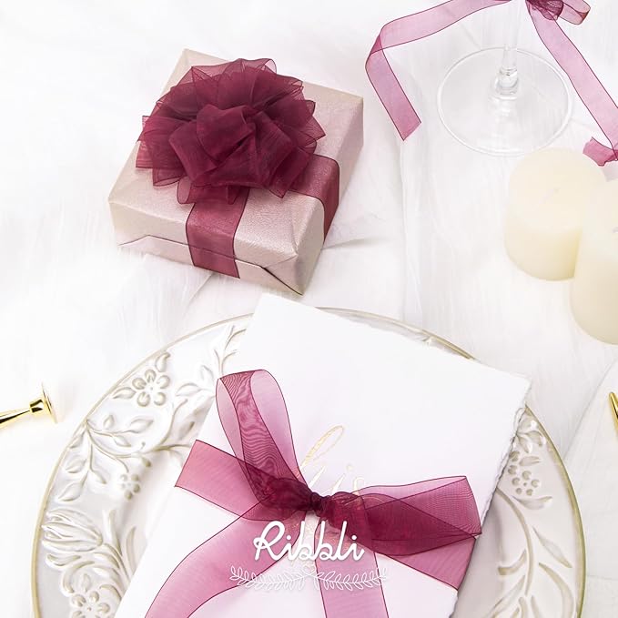 Ribbli Wine Organza Ribbon,1 Inches x Continuous 50 Yard,Wine Red Sheer Ribbon for Gift Wrapping,Cookie Wrapping,Wedding Decoration,All Crafting and Sewing