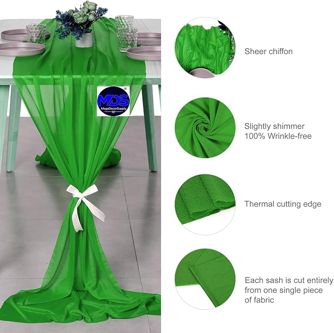MDS 15 Pack 10ft Chiffon Table Runner 29 x 120 Inches Sheer Wedding Runner Romantic Rustic Table Runner for Wedding Decorations, Birthday Parties, Bridal Shower Party Arch Decor - Green