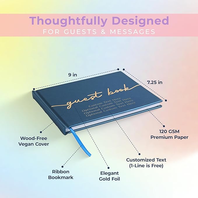 Guest Book with Vegan Leather Cover, 110 Lined Pages and Satin Ribbon