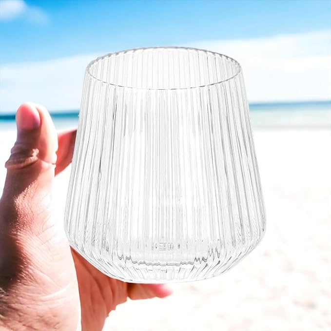 Wine Glasses, 18 Pack Clear Ripple Plastic Stemless 12 Oz