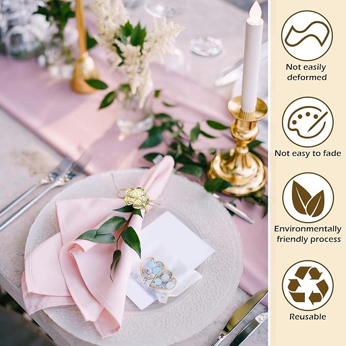 Bokon 50 Pcs Gold Napkin Rings Metal Napkin Holders Rings Bulk for Dining Anniversary Wedding Dinner Birthday Holiday Party Banquet Table Decoration (Flower)