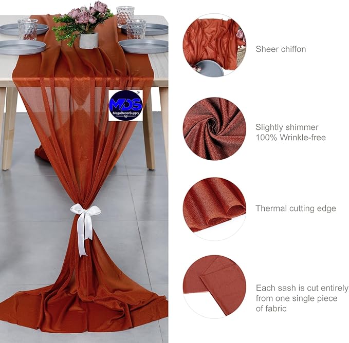 MDS Halloween Chiffon Table Runner - 25 Pack, 29 x 170 Inches, 14ft Each - Sheer Spooky Table Runners for Haunted House Parties, Trick-or-Treat Tables, Witchy Décor, Wedding & Events - Terracotta