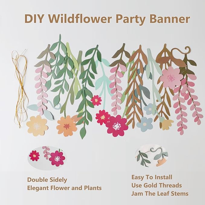 2PCS Flower Party Banner Wildflower Party Decorations Double-Sided Waterproof Flower Garland Baby Shower Birthday Tea Party Supplies Garden Picnic Wedding Backdrop Indoor Outdoor