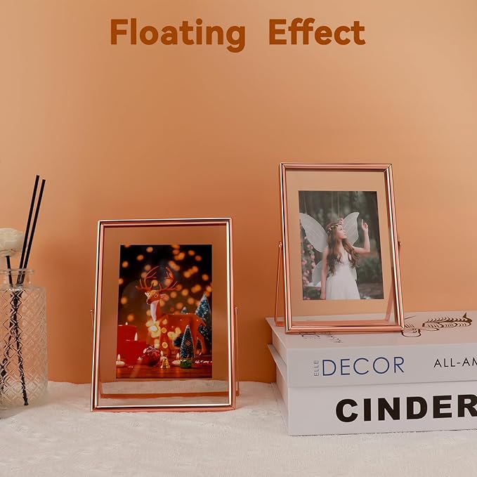Rose Gold Floating Frame, 4"x6", Vertical, For Picture 3.5x5, 3x4, 2x3, Mini Tabletop Photo Frame, Classy For Festival, Wedding, or Birthday, Home or Office Decoration