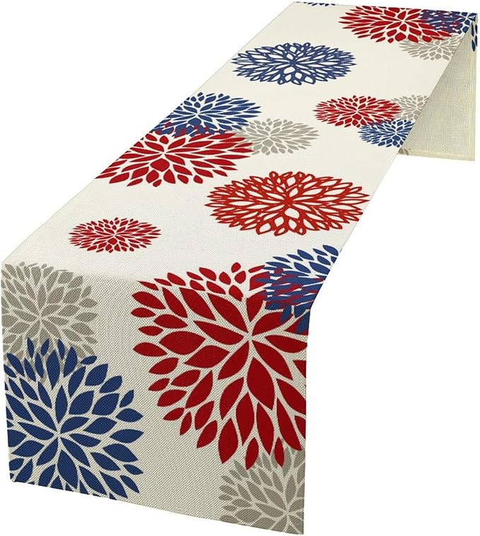 4th of July Table Runner, Blue Red Dahlia Flower American Patriotic Memorial Day Table Runner for Farmhouse Kitchen Dining Table Party Decor, 13x90inch
