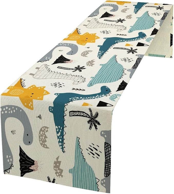 Cartoon Dinosaur Table Runner,Kids Boys Cute Various Dino Moutain Modern Abstract Print Tablecloth Burlap for Hotel Indoors Outdoor Dining Room Kitchen Holiday Party, 13x60in