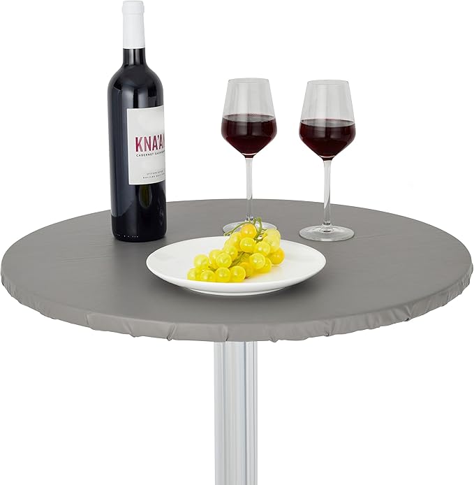 Tablecloth, Round Fitted Vinyl in Grey, 60 x 60 Inch with Elastic Edge