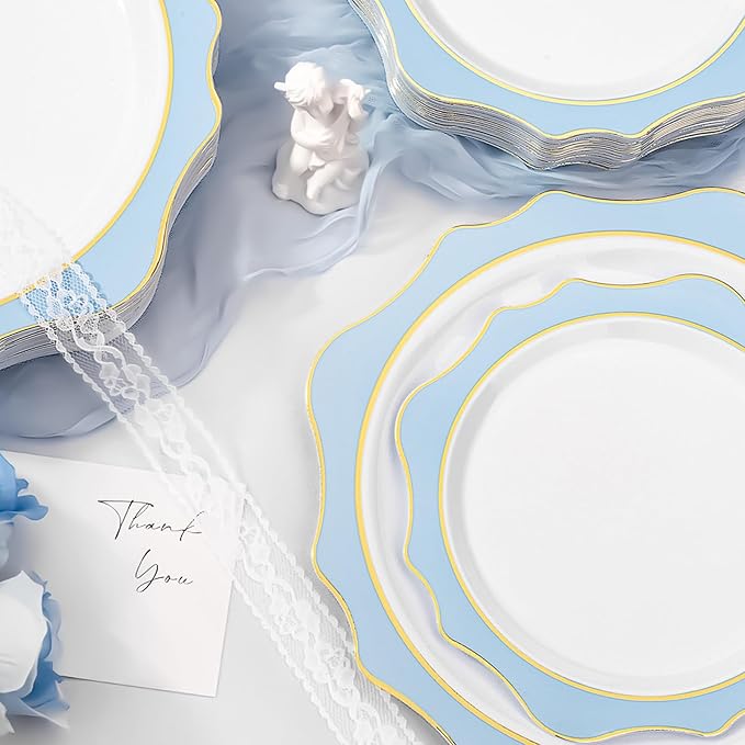 Disposable Party Plates, Blue Scalloped, BPA-Free Plastic, 100 Count