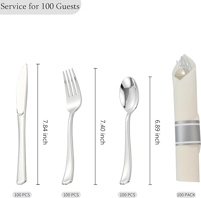 100 Pack Pre Rolled Silver Plastic Silverware Set with Napkins,Disposable Wrapped Heavy Duty Cutlery Set for Wedding Birthday Party-100 Forks,Knives,Spoon,Utensils Set,Plasticware Bulk