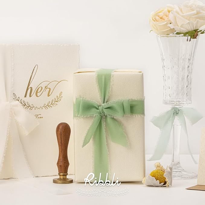 Ribbli Green Ribbon 1 Inch x 3 Rolls Total 24 Yards Ivory/Sage/Forest Green Handmade Fringe Chiffon Silk Ribbon for Wrapping Wedding Invitations Bridal Bouquets DIY Crafts Home Decor