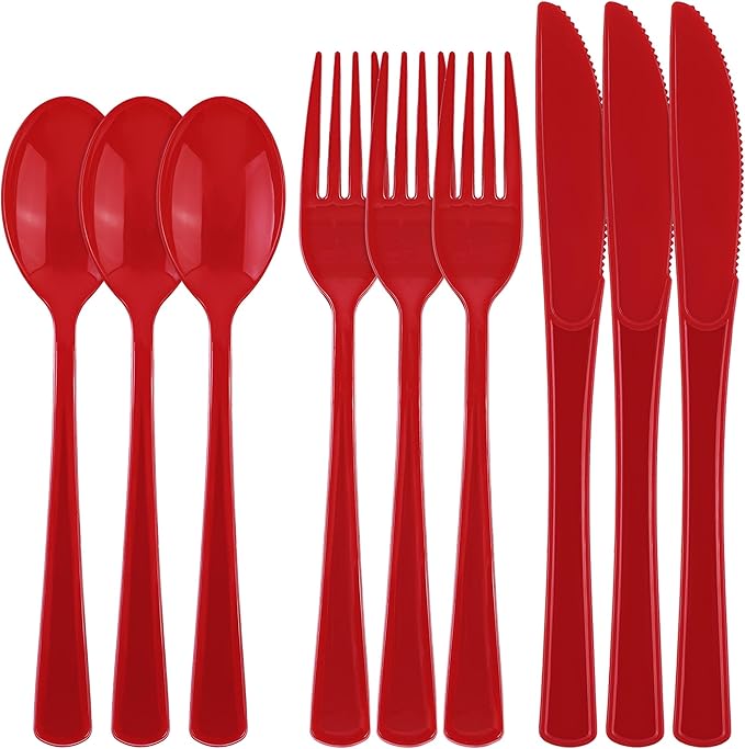 Plastic Silverware Set, 300 Pieces, Heavy Duty Red Knives Forks Spoons