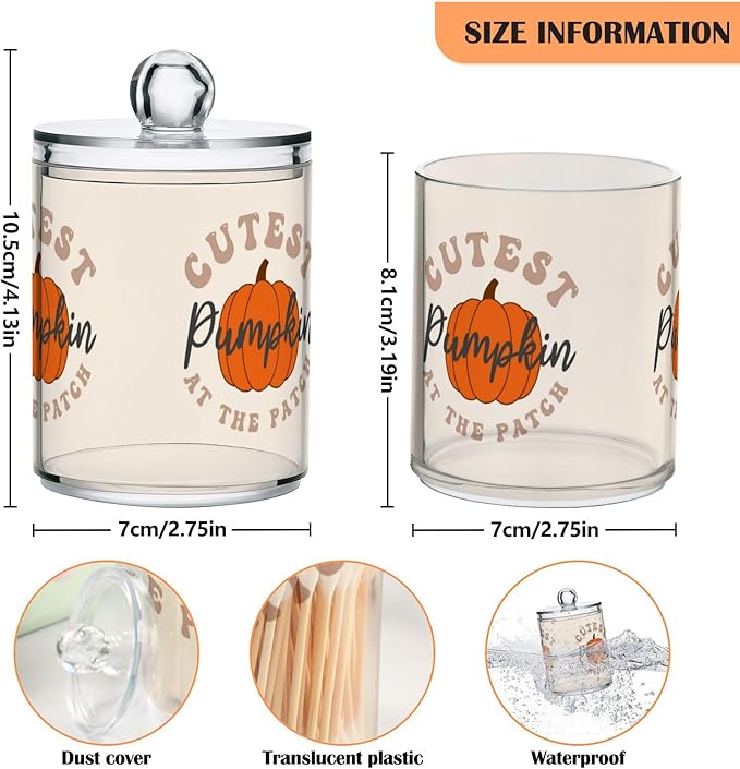 Gredecor 2 Pack Apothecary Jars with Lid Cutest Pumpkin Qtip Holder Dispenser Storage Containers Clear Plastic Cute Rustic Fall Autumn Thanksgiving Theme Canisters for Bathroom Vanity Organization