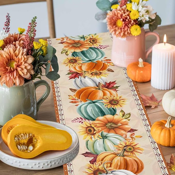 Fall Thanksgiving Southwest Cotton Linen Table Runner for Dining Kitchen, Orange Pumpkins Wedding Outdoor Party Rustic Tablerunners Decoration, Sunflower Dresser Scarf Tablecloth Runners 13x90 Inches