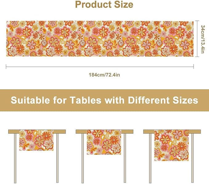 Vintage Floral Table Runner,70s Style Retro Daisies Flower Hippie Table Runner for Kitchen Dining Table Home Party Decoration 13x90 Inch