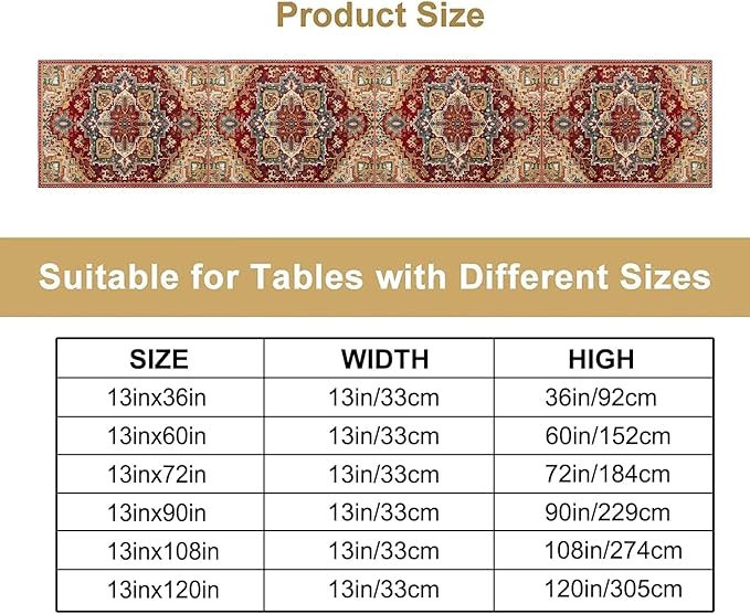 Boho Bohemia Style Table Runner, Vintage Red Brown Retro Flower Rustic Country Style Floral Print Pattern for Home Kitchen Table Decor Dining Coffee Room Garden Party Decor 13x108in