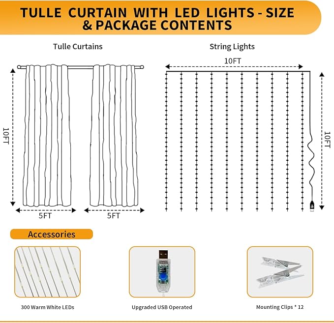 Baby Blue Tulle Backdrop Curtain with Lights String - 10x10ft Sheer Backdrop with 300 LEDs for Wedding, Baby Shower, Bridal Shower, Birthday Party Photo Shoot Background and Home Decorations