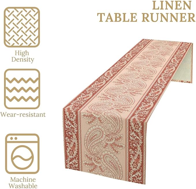 Pink Paisley Table Runner, Abstract Vintage Boho Paisley Flowers Leaves Print Table Runner for Home Kitchen Dining Room Wedding Party Decor, 13x36inch