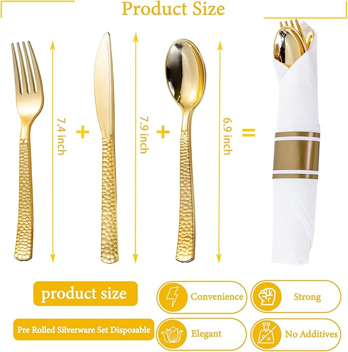 Disposable Spoons Set, 50 Count Gold Plastic with Pre-Rolled Napkins