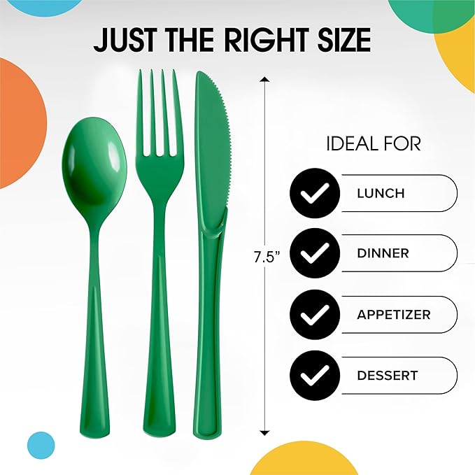 Disposable Plastic Cutlery Set, 300 Pieces, Emerald Green, 7.5 Inch