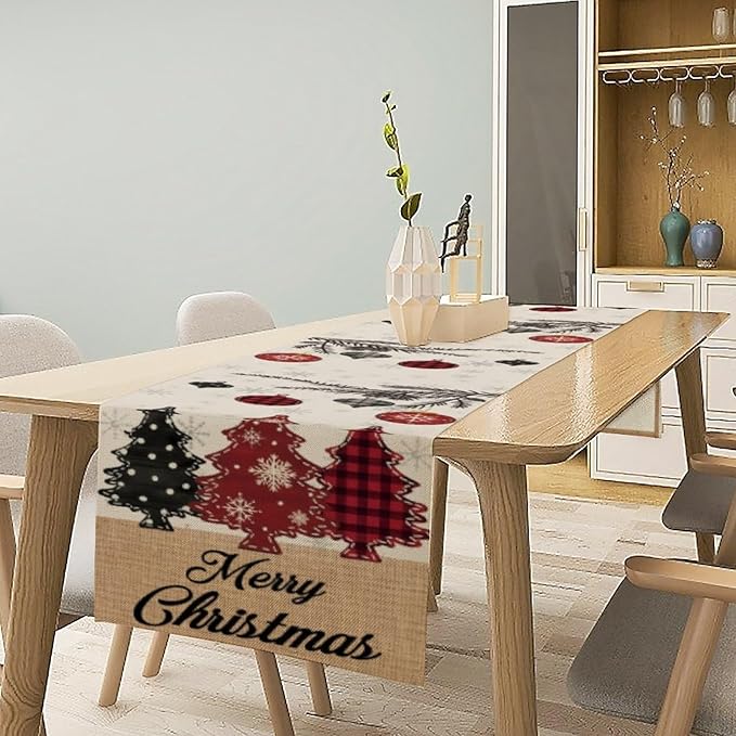 Merry Christmas Table Runner,Winter Xmas Holiday Kitchen Dining Table Decoration for Home Party Decor 13x90 Inch