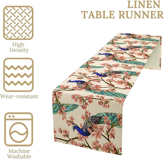 Peacock Table Runner,Spring Floral Peacock Birds Table Runner for Home Kitchen Dining Party Indoor Outdoor Decoration 13x60 Inch