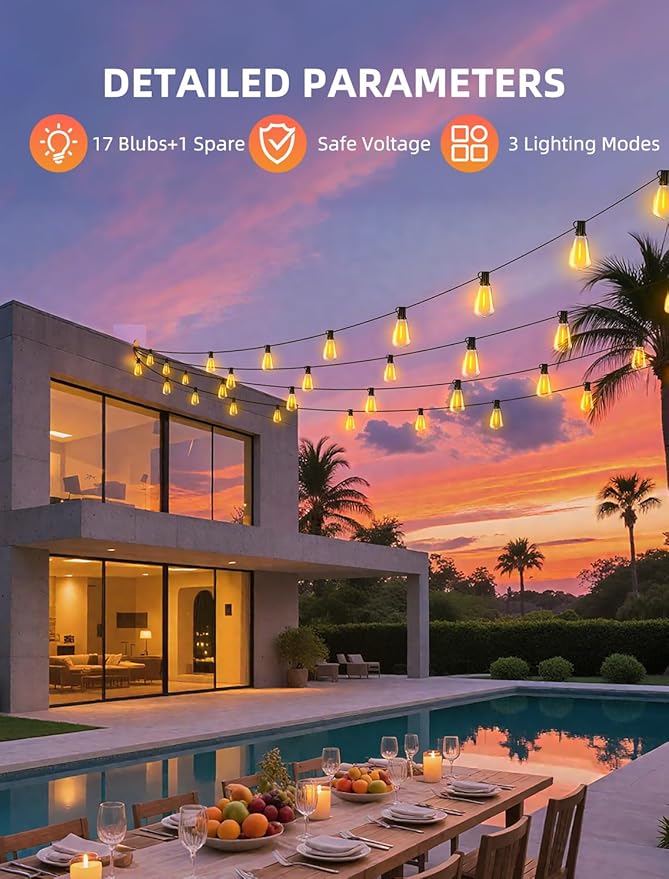 String Lights 50 Ft Outdoor Patio Edison Bulbs with Remote
