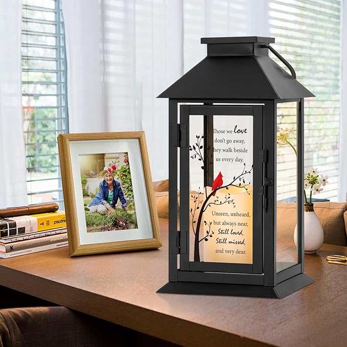 Decorative Candle Lantern for Memorials, Metal and Glass, 14.2 Inch