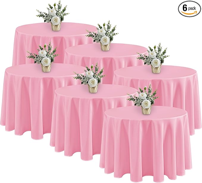 Tablecloths 6 Pack, 120-Inch Round Pink Polyester, Stain Resistant